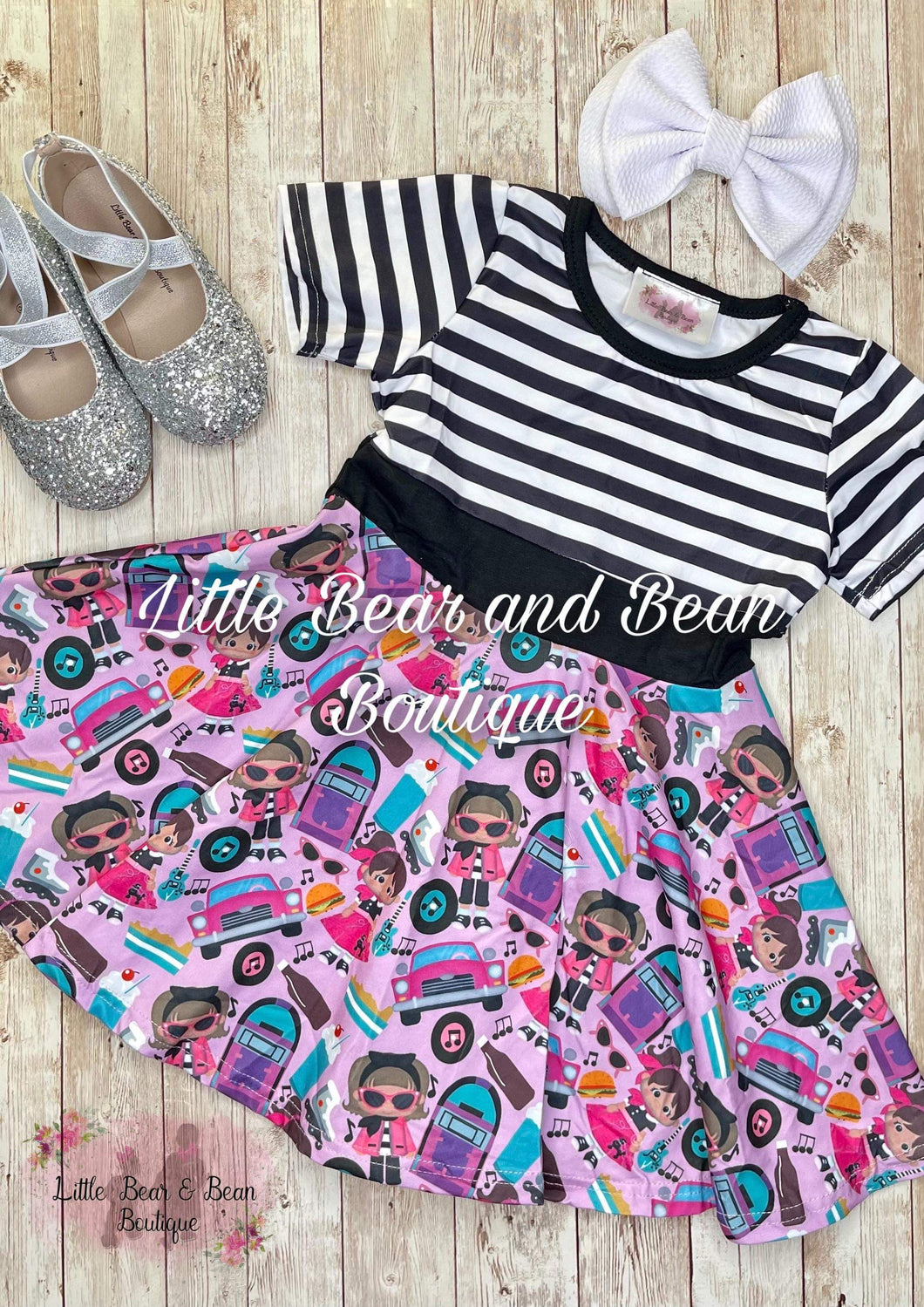 Black and White Stripe Sock Hop Twirl Dress (Quarter Length Sleeves)