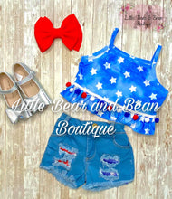 Load image into Gallery viewer, Distressed Denim Shorts and Stars Pom-Pom Top
