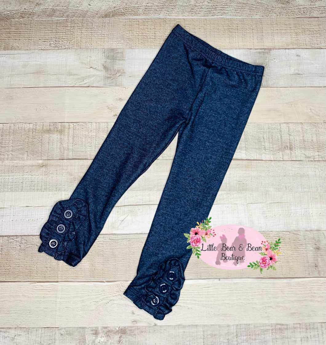 Denim Button Ruffle Leggings