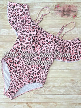 Load image into Gallery viewer, Ladies Pink Cheetah Ruffle One Piece Swim Suit
