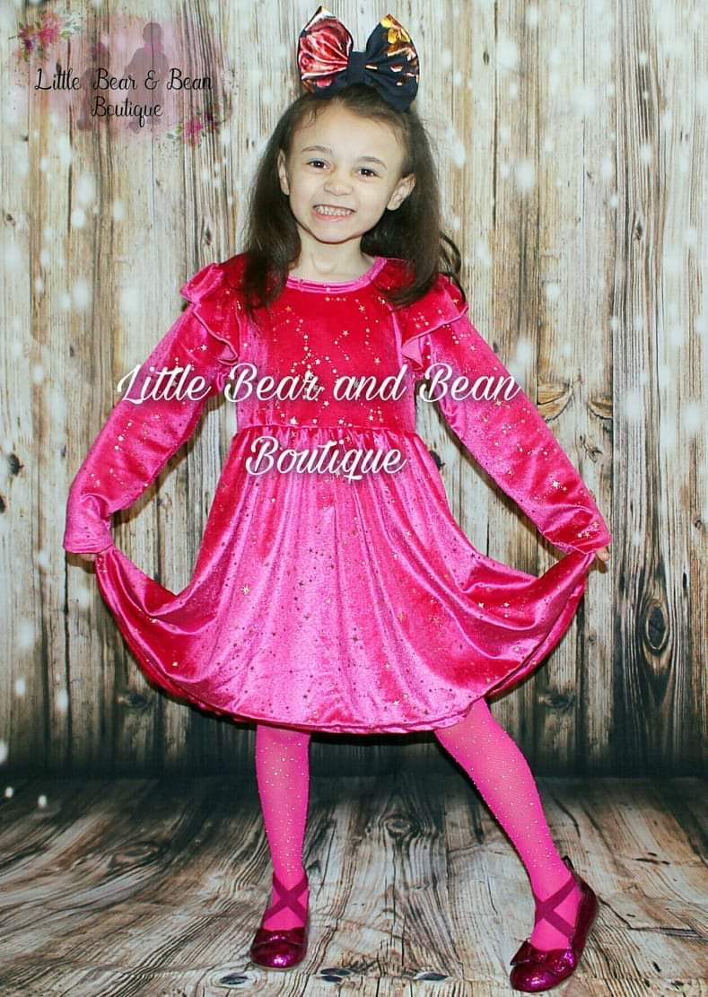 Velvet Star Long Sleeve Dress -Pink 3T
