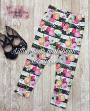 Load image into Gallery viewer, Black and White Striped Floral Leggings
