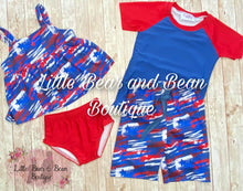 Load image into Gallery viewer, Red, White and Blue Paint Stroke 2 Piece Swim Suit
