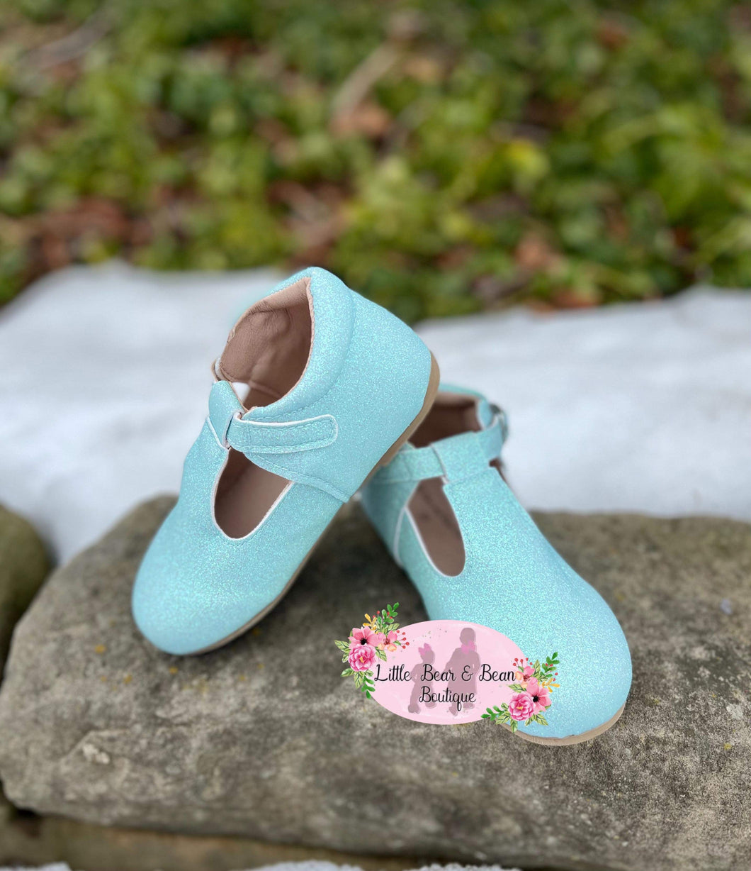 Robin’s Egg Smooth Glitter Shimmer T Strap Shoes