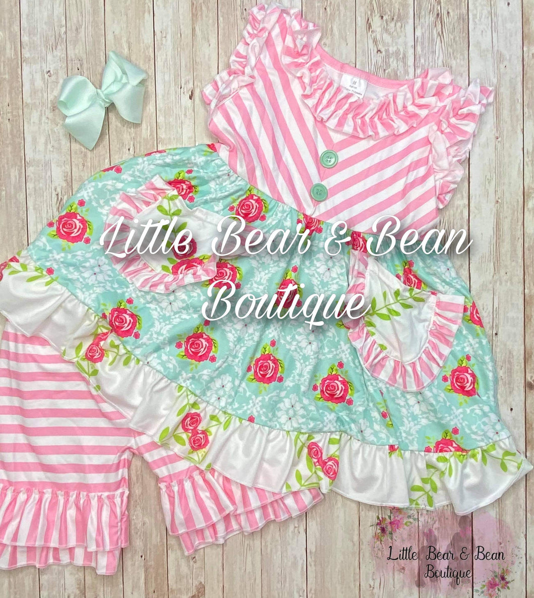 Pink and Mint Rose Striped Floral Ruffle Shorts Set