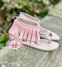 Load image into Gallery viewer, Pink fringe sandals from the side
