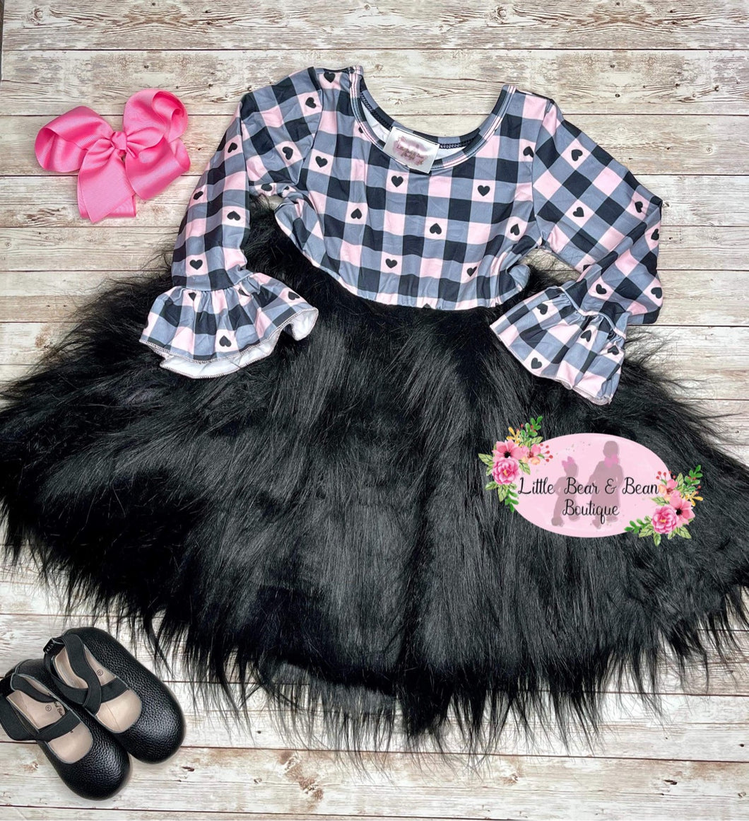 Pink Heart Buffalo Plaid Fur Twirl Dress