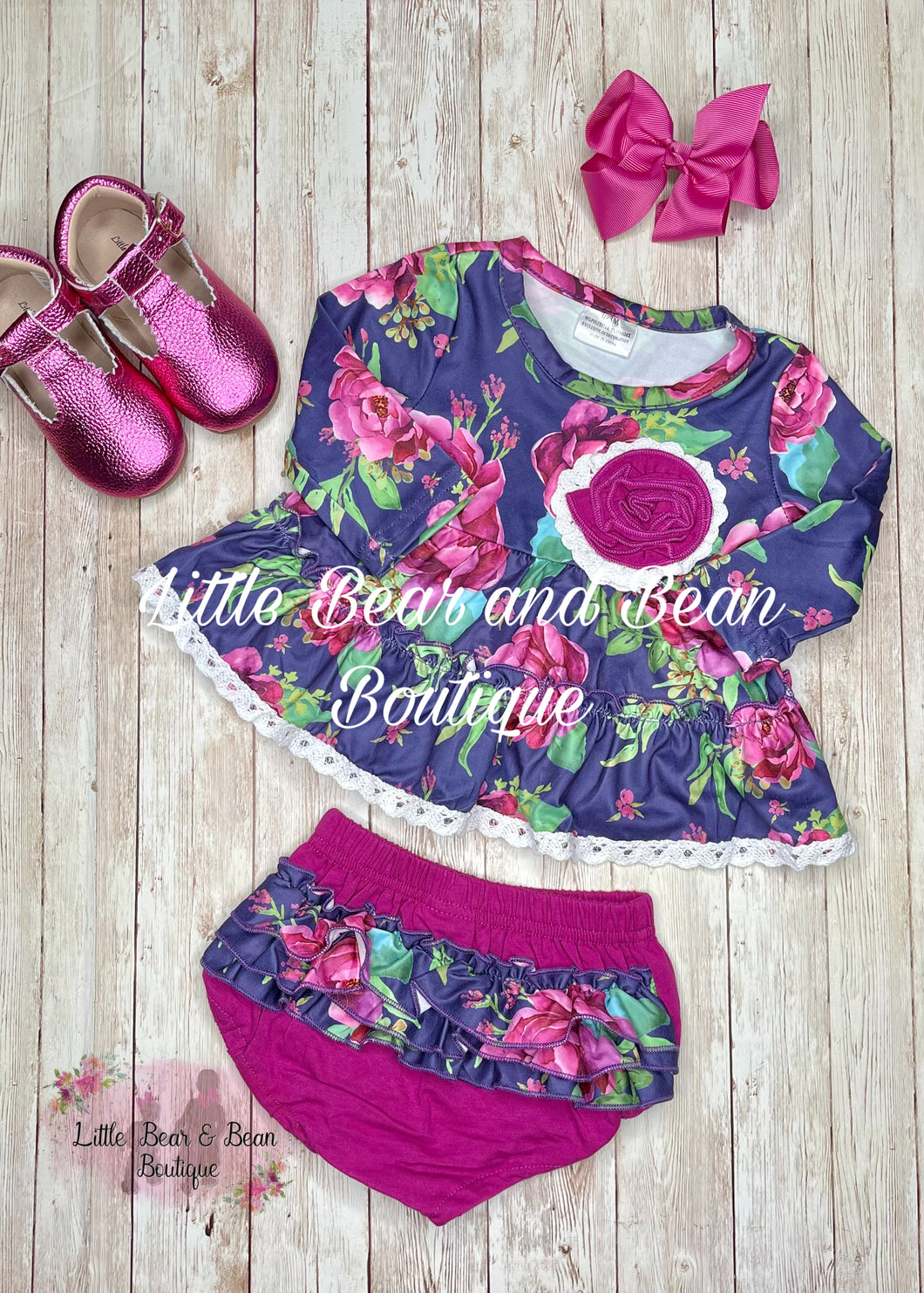 Navy and Magenta Floral Ruffle Bummie Set