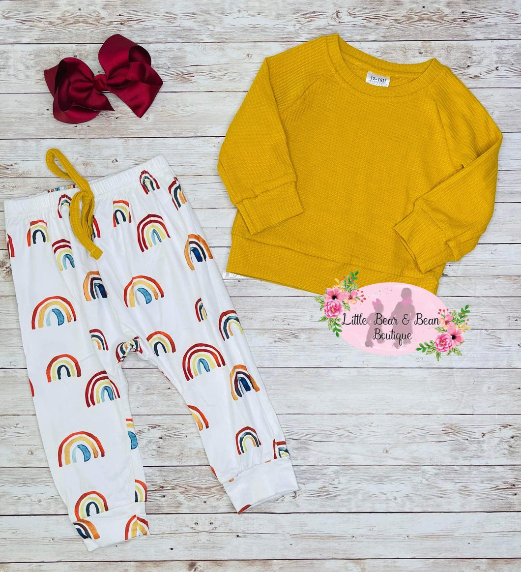 Mustard Thermal Top With Rainbow Pant Set