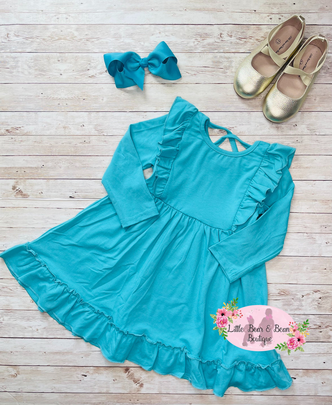 Teal Ruffle Cross Back Twirl Dress