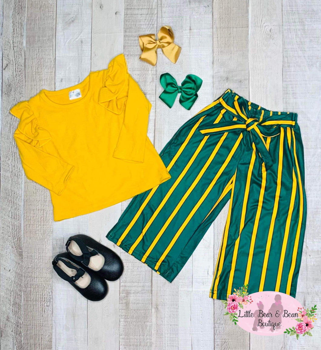 Mustard and Forest Green Striped Wide Leg Pants Set