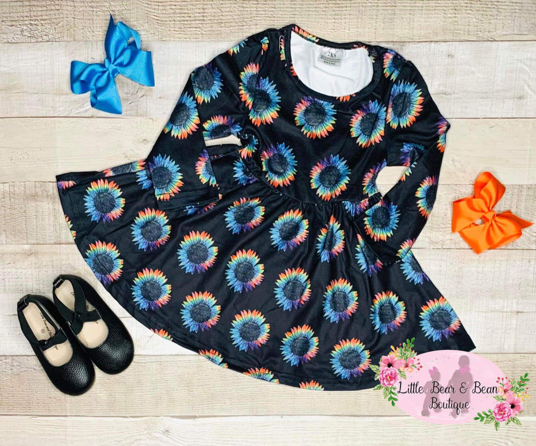 Vibrant Rainbow Sunflower Long Sleeve Dress