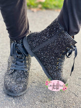 Load image into Gallery viewer, Black Glitter Combat Boots with Side Zipper

