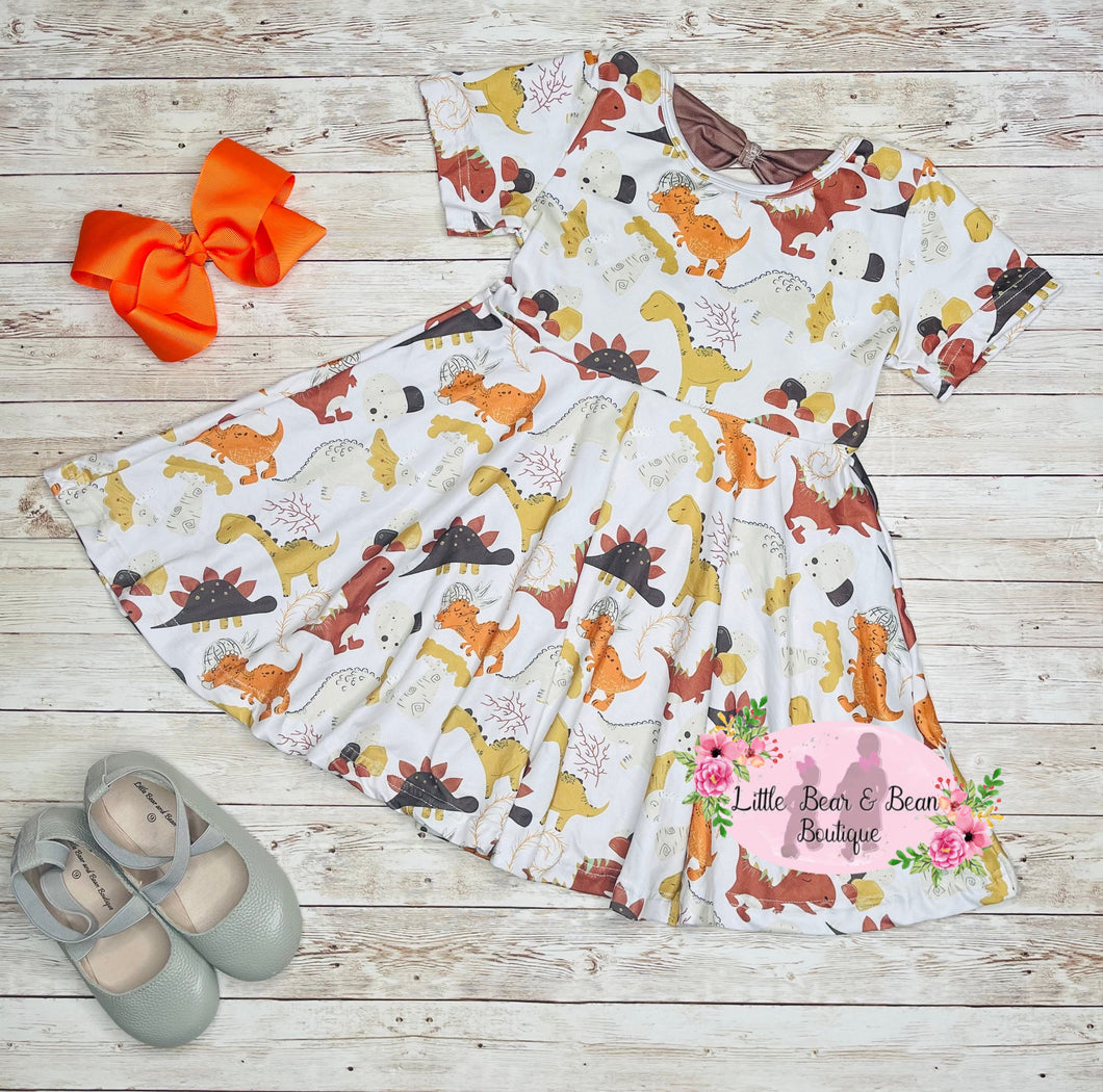 Brown Mute Dino Bow Back Twirl Dress