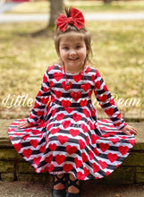 Load image into Gallery viewer, Red Glitter Heart Striped Twirl Dress
