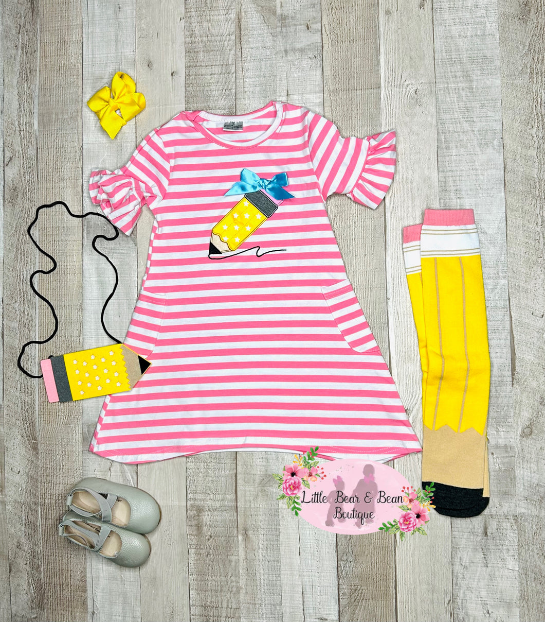 Striped Pencil Pocket Dress with Socks and Purse