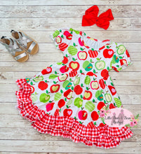 Load image into Gallery viewer, Sweet Little Apple Triple Ruffle Twirl Dress
