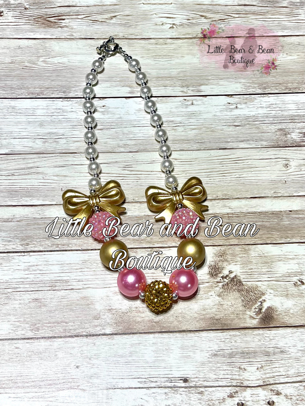 Pink and Gold Bow Pearl Necklace