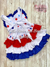 Load image into Gallery viewer, Red, White and Blue Polka Dot Ruffle Butt Romper
