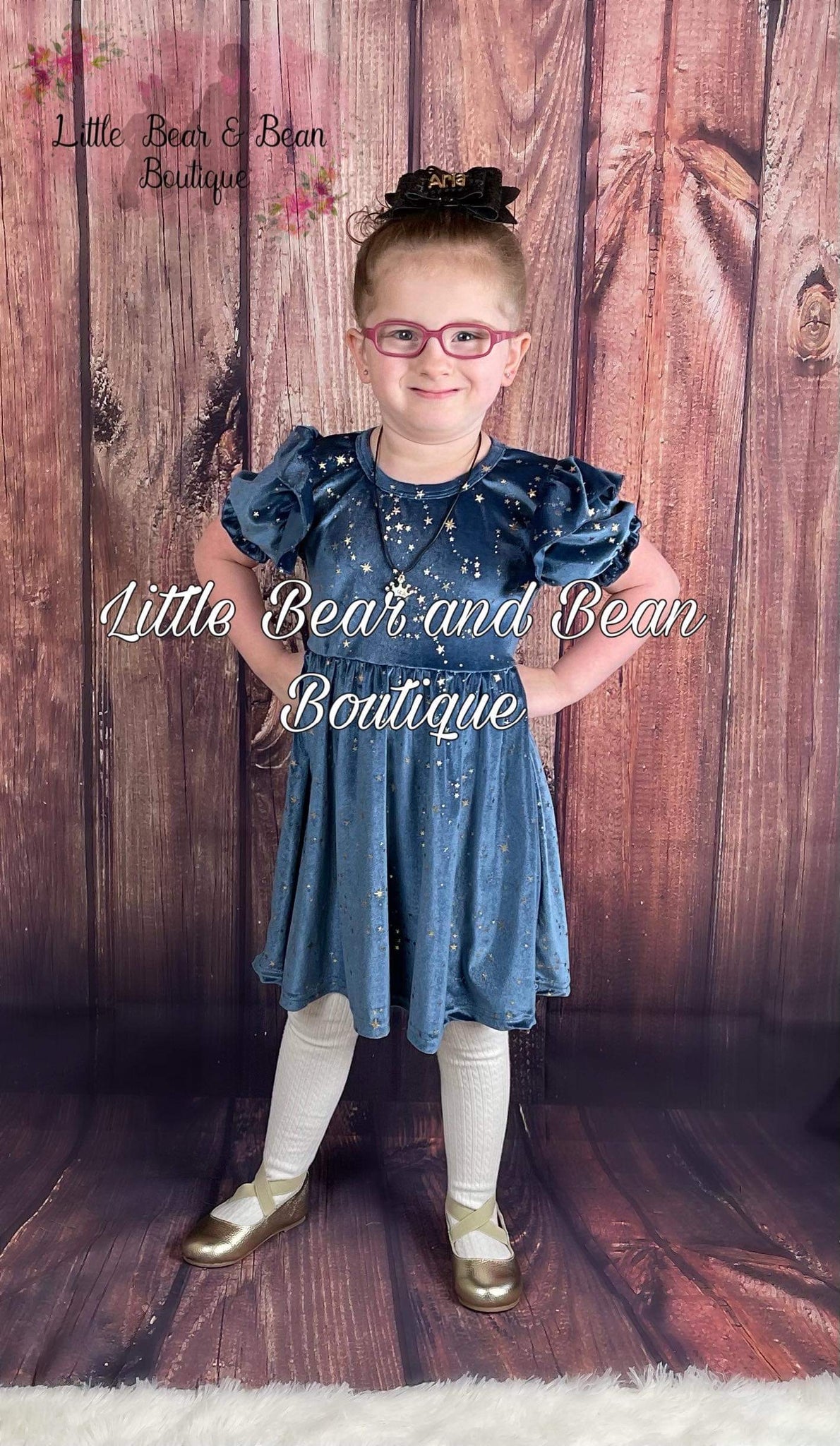 Velvet Star Short Sleeve Dress -Slate Blue 6/7 Velvet Star Short Sleeve Dress -Slate Blue 6/7