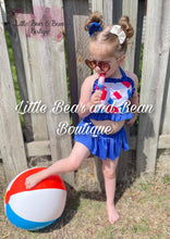 Load image into Gallery viewer, Red, White, and Blue Popsicles Skirted Ruffle 2 Piece Swim Suit
