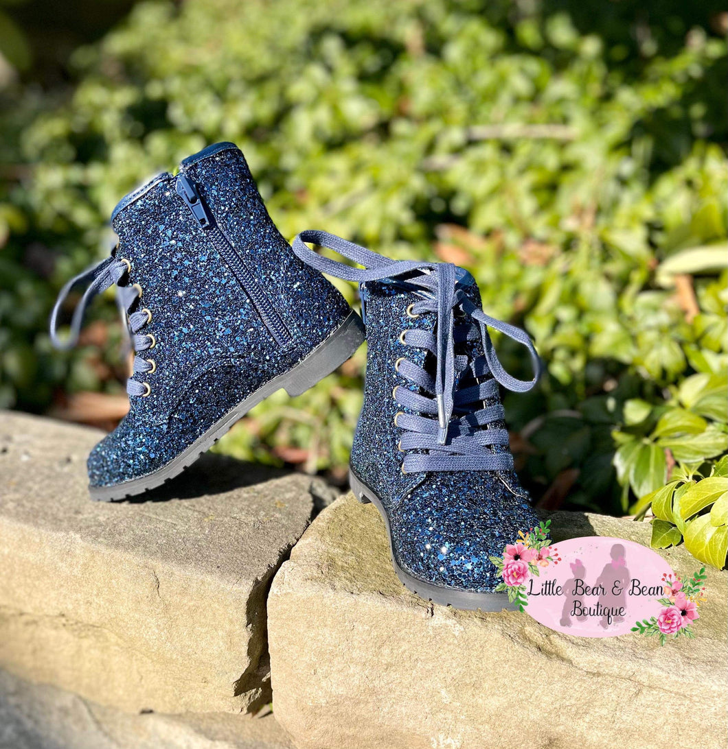 Navy Glitter Combat Boots with Side Zipper