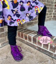 Load image into Gallery viewer, Girls purple combat boots can be paired with a skirt or leggings

