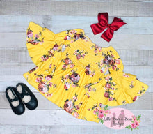 Load image into Gallery viewer, Mustard Floral Double Belle Long Sleeve Dress

