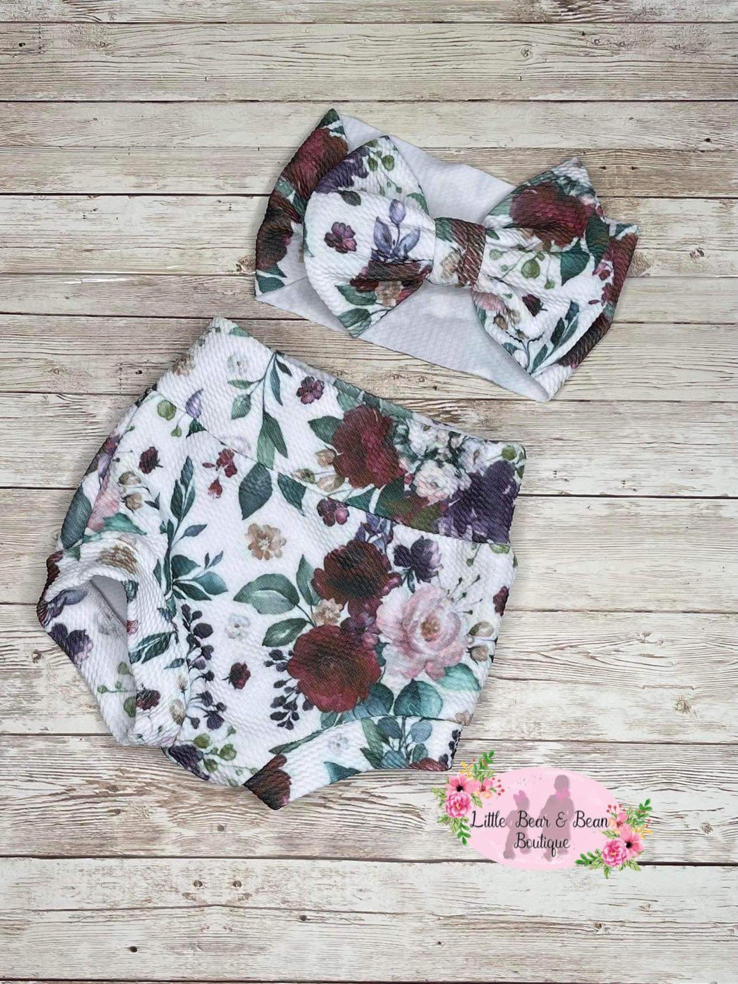 White Floral Bummie and Bow Set