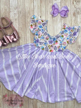 Load image into Gallery viewer, Purple Floral Striped Twirl Dress
