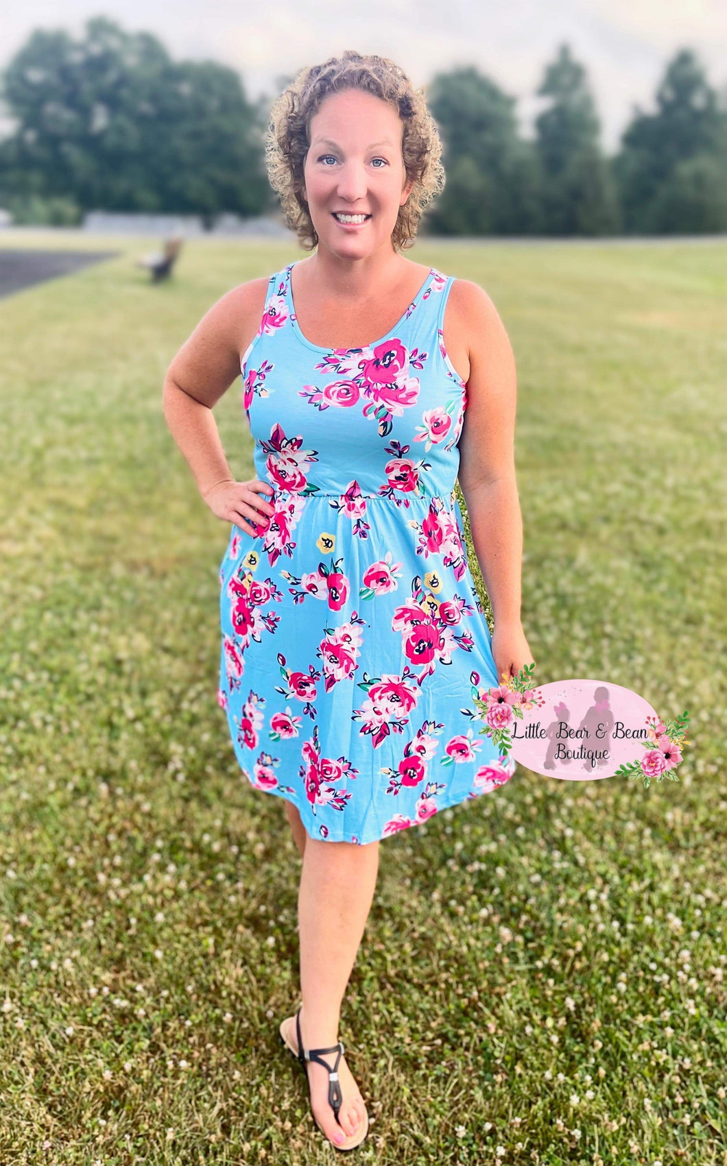 Bright Blue & Pink Floral Tank Dress - Ladies