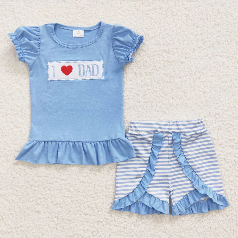 Pre-order RTS from Supplier Embroidery I ❤️ Dad Blue Ruffle Shorts Set
