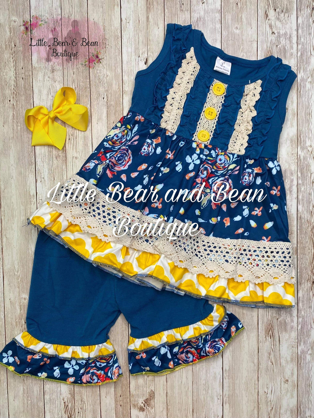 Blue and Yellow Floral Ruffle Shorts Set