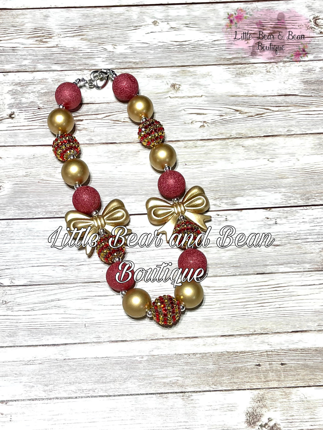 Chunky Wine and Gold Bow Beaded Necklace