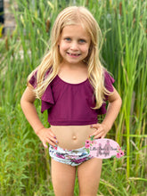 Load image into Gallery viewer, Plum Floral Ruffle 2 Piece Swim Suit
