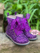 Load image into Gallery viewer, Purple glitter combat boots for girls
