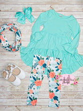 Load image into Gallery viewer, 3 Piece Aqua High-Low Long Sleeve Floral Leggings And Scarf
