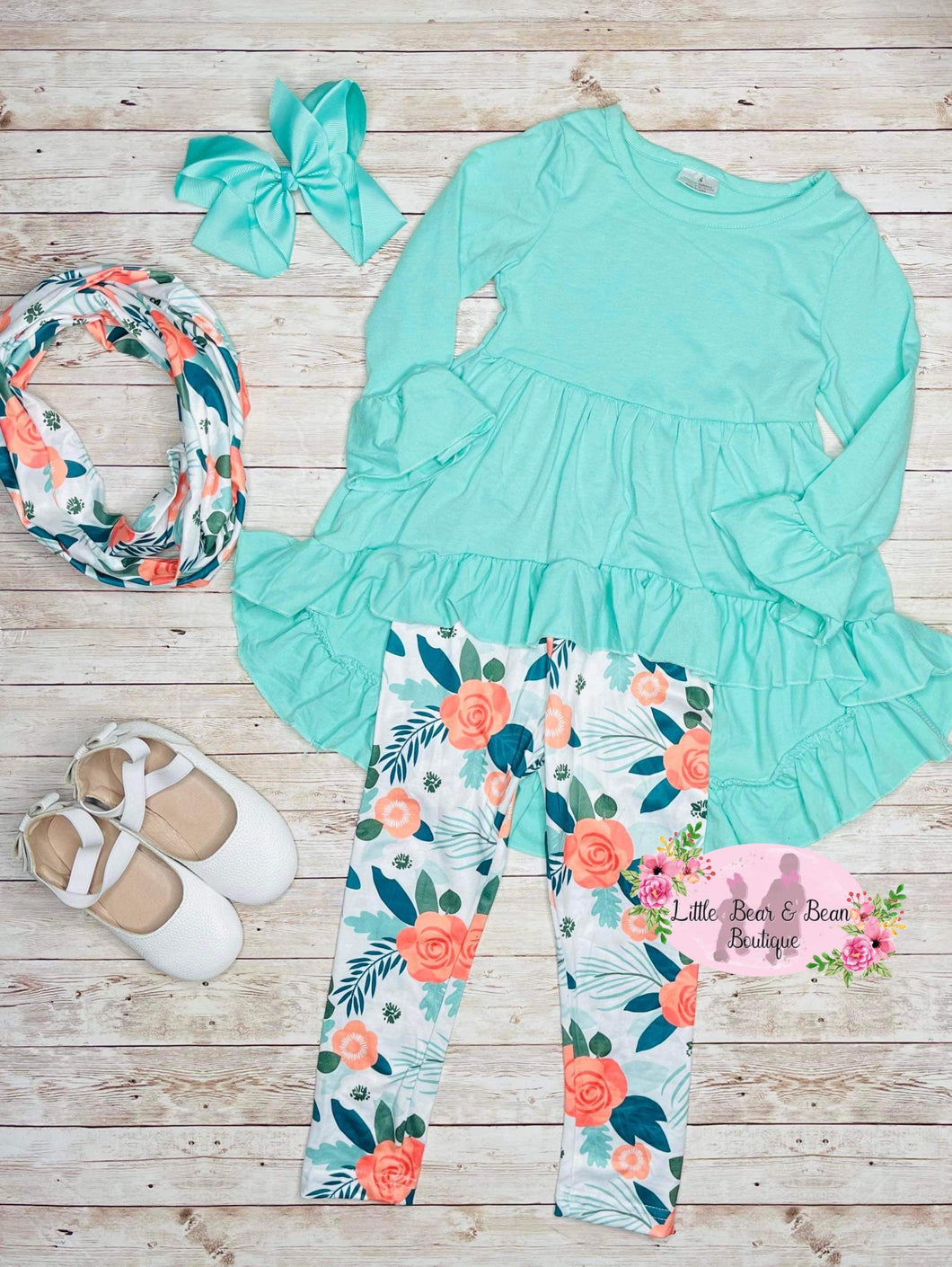 3 Piece Aqua High-Low Long Sleeve Floral Leggings And Scarf