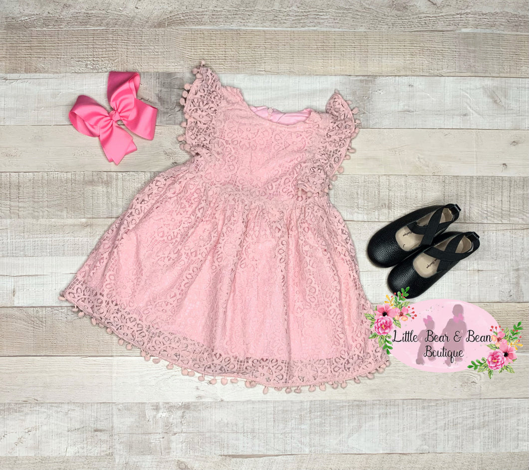 Pink Lace Ruffle Pom Pom  Sleeve Dress