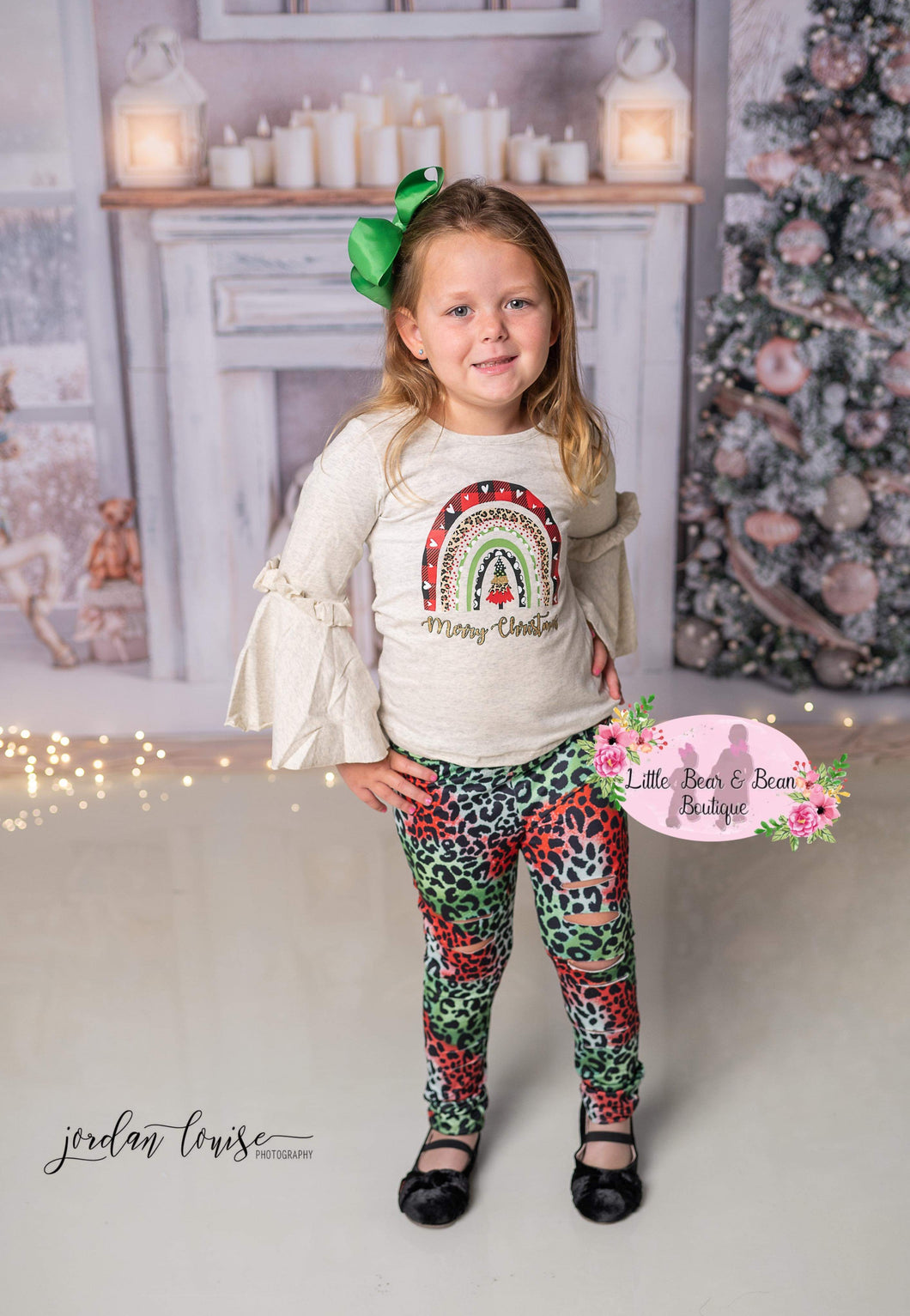 Christmas Animal Rainbow Belle Sleeve Distressed Cheetah Pant Set