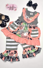 Load image into Gallery viewer, Coral and Gray Striped Capri Set
