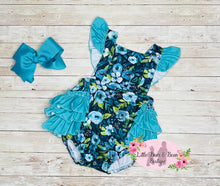Load image into Gallery viewer, Teal Floral Ruffle Back Romper
