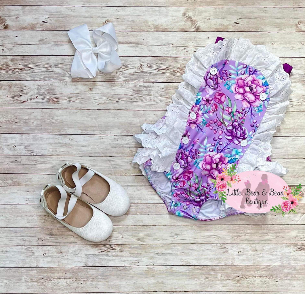 Purple Spring Floral Ruffle Romper