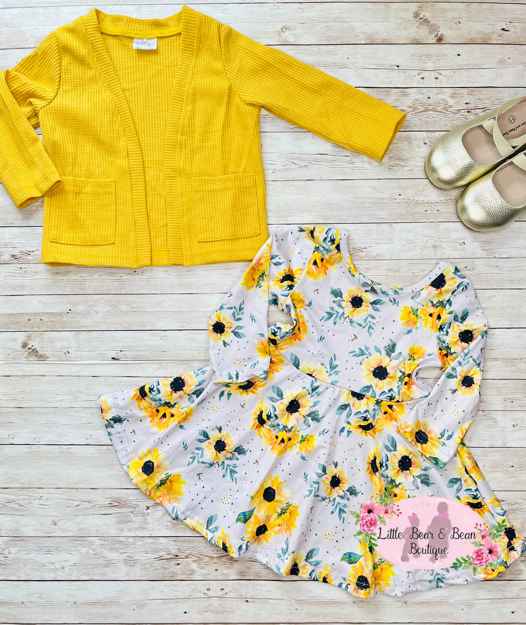 Mustard Floral Twirl Dress with Cardigan
