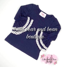 Load image into Gallery viewer, Navy Blue Lace Trim Belle Sleeve Top
