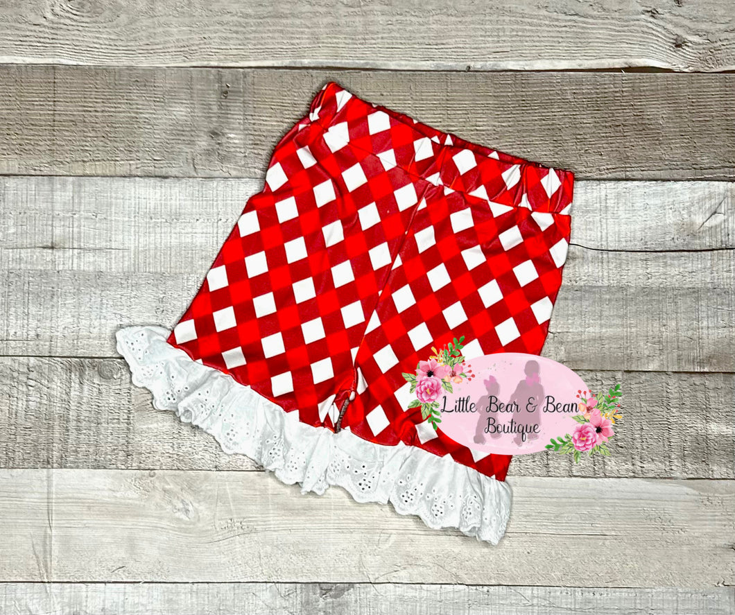 Red Checked Shorts Lace Trim