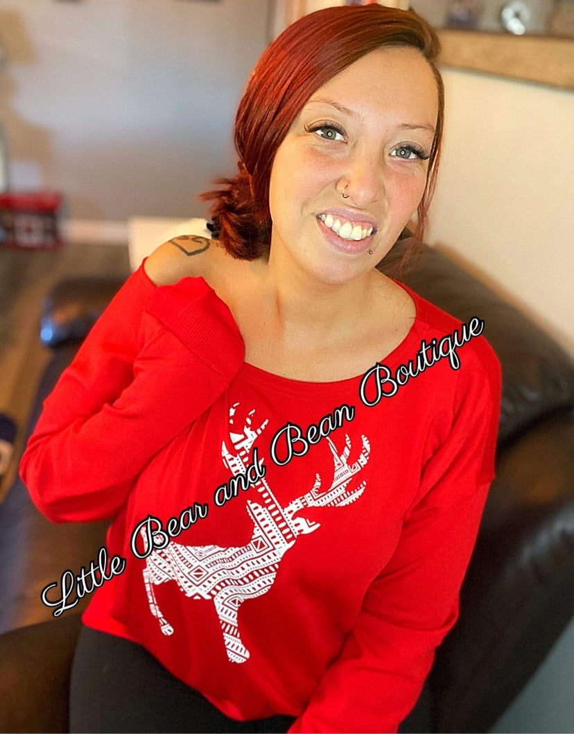 Size Small- Ladies Slouchy Reindeer Sweatshirt Red