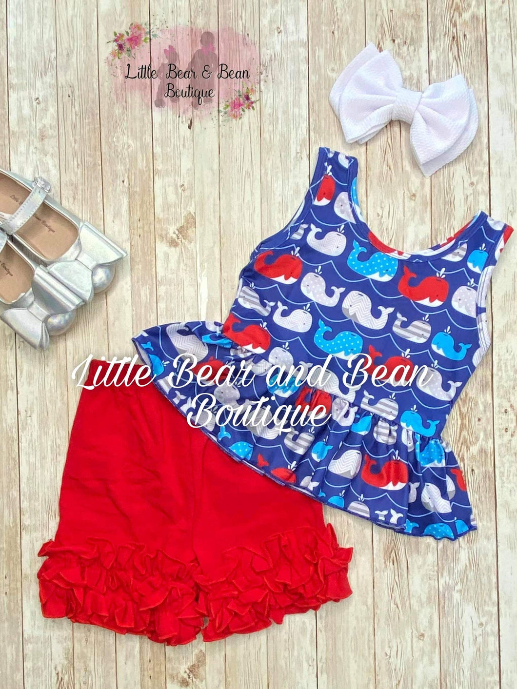 Red, White and Blue Whales Tank Icing Short Set