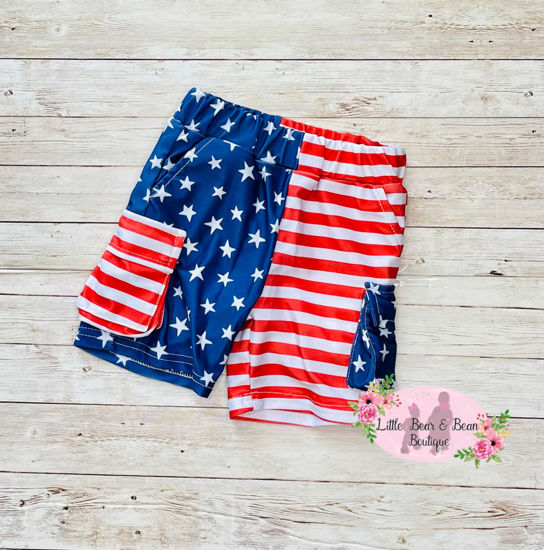 Toddler boy American flag swim trunks