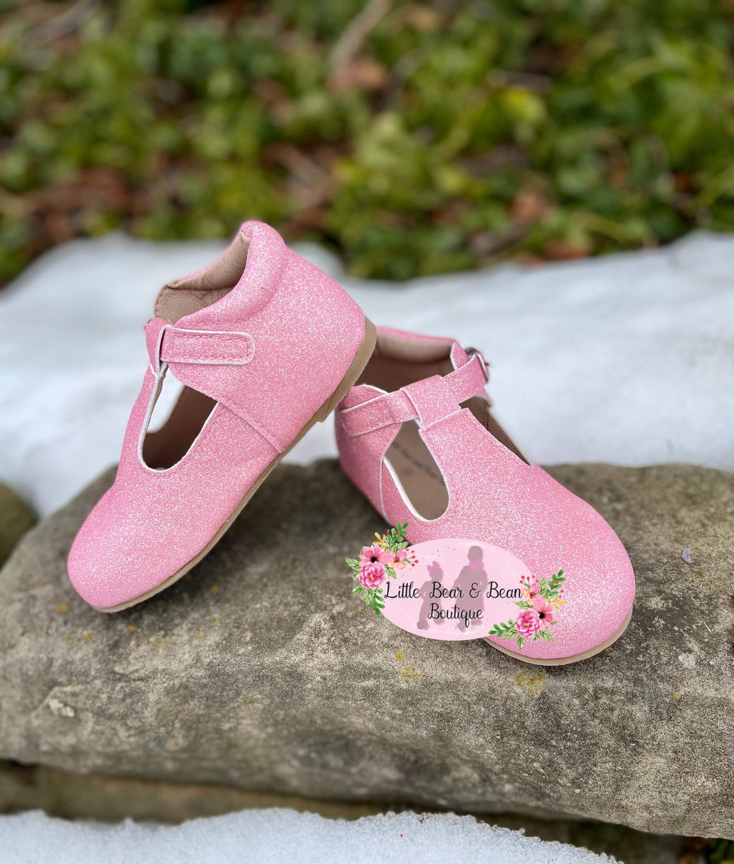 Pink Smooth Glitter Shimmer T Strap Shoes